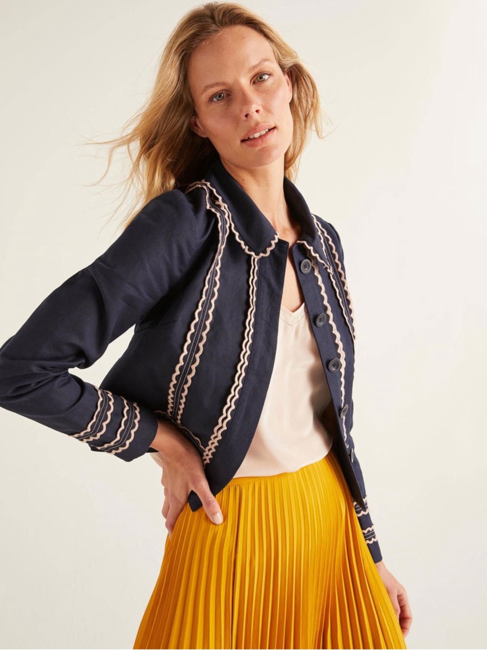 Boden Womens US 6 Blue Linen Blend Agar Scallop Jacket